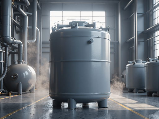 布袋除尘器设备正面视角，大型圆柱形过滤器，多个布袋垂直悬挂，金属框架结构