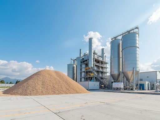 肇庆市北兆环保设备有限公司外观，现代化工业厂房，绿色植被环绕，蓝天白云背景