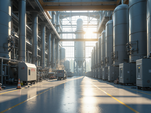 RTO蓄热式焚烧炉设备正面视角，大型金属设备，不锈钢材质，多管道连接，工业车间背景